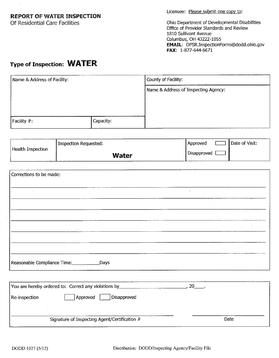 Form DODD1027 Report of Water Inspection of Residential Care Facilities - Ohio, Page 1