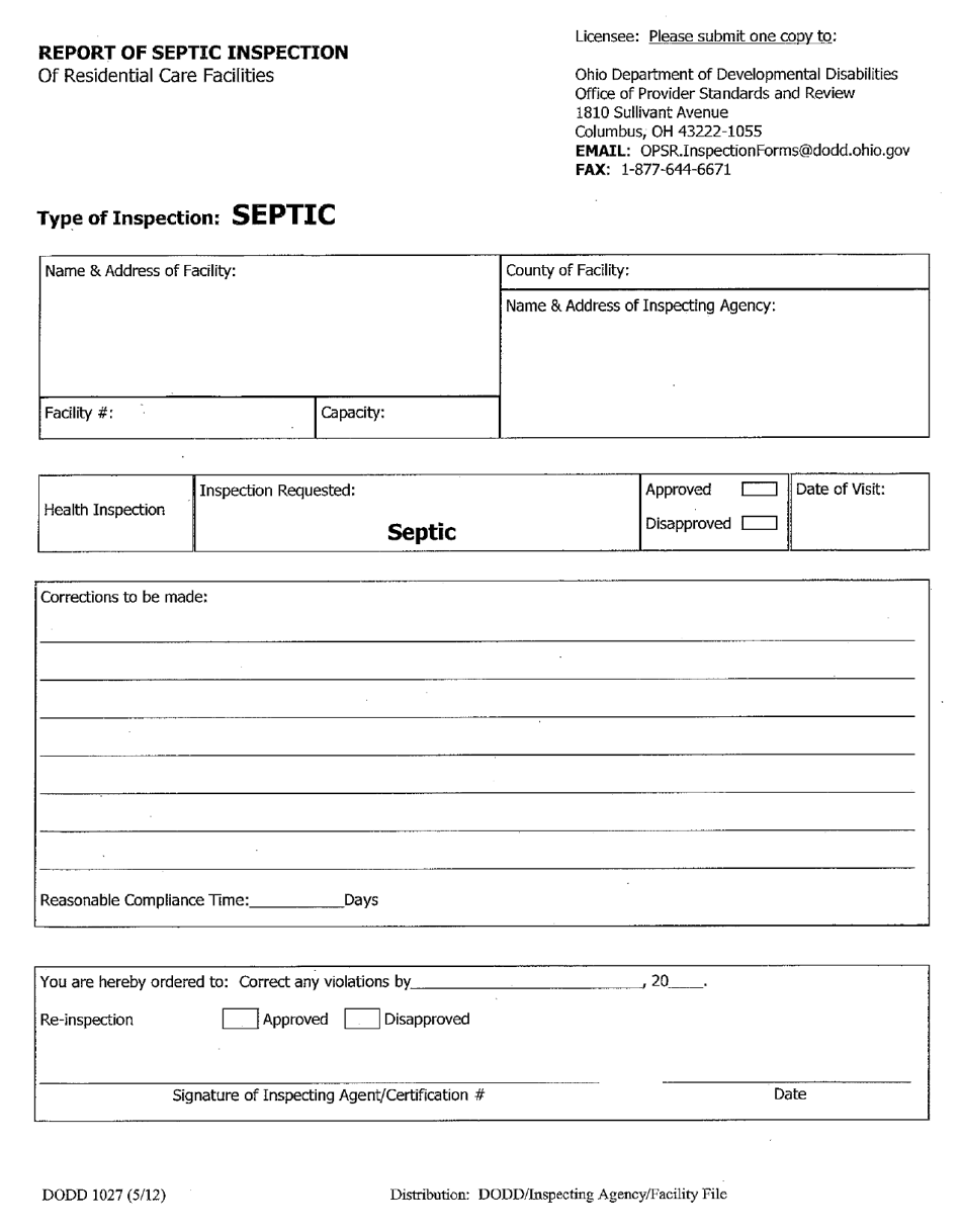 Form DODD1027 Report of Septic Inspection of Residential Care Facilities - Ohio, Page 1