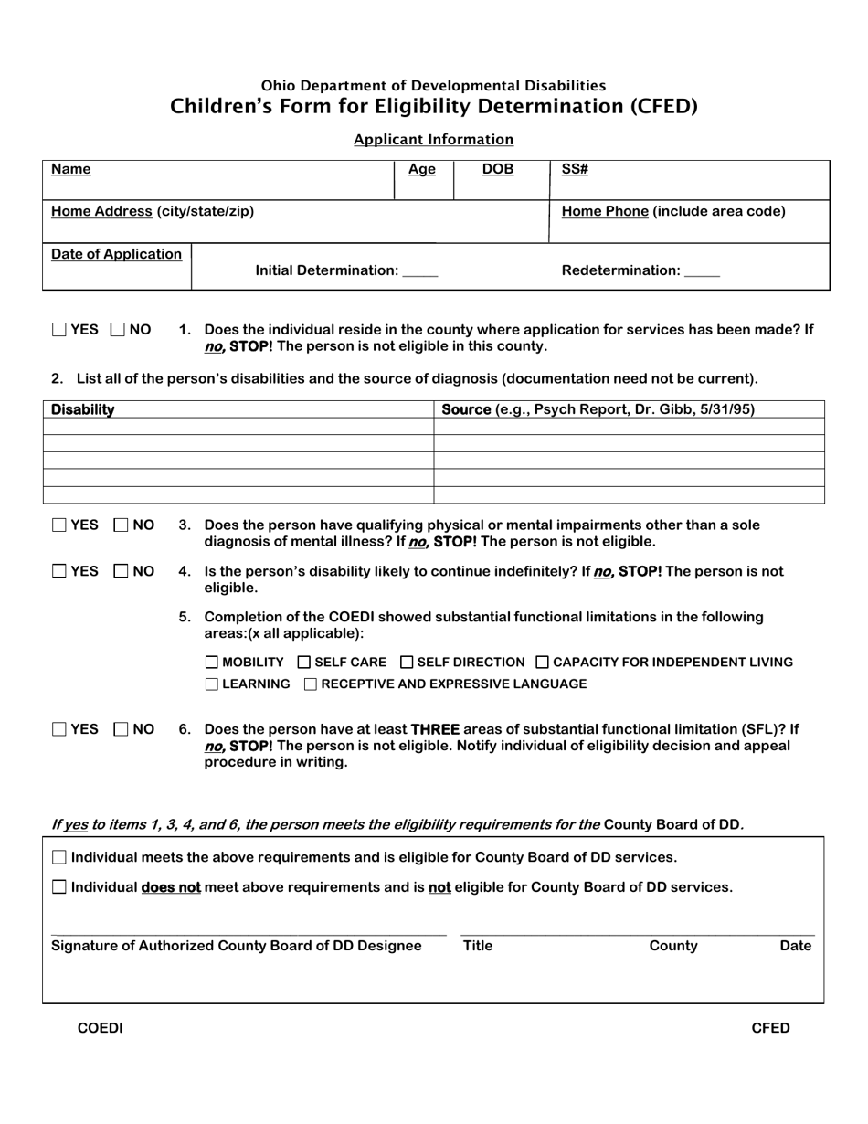 Childrens Form for Eligibility Determination (Cfed) - Ohio, Page 1