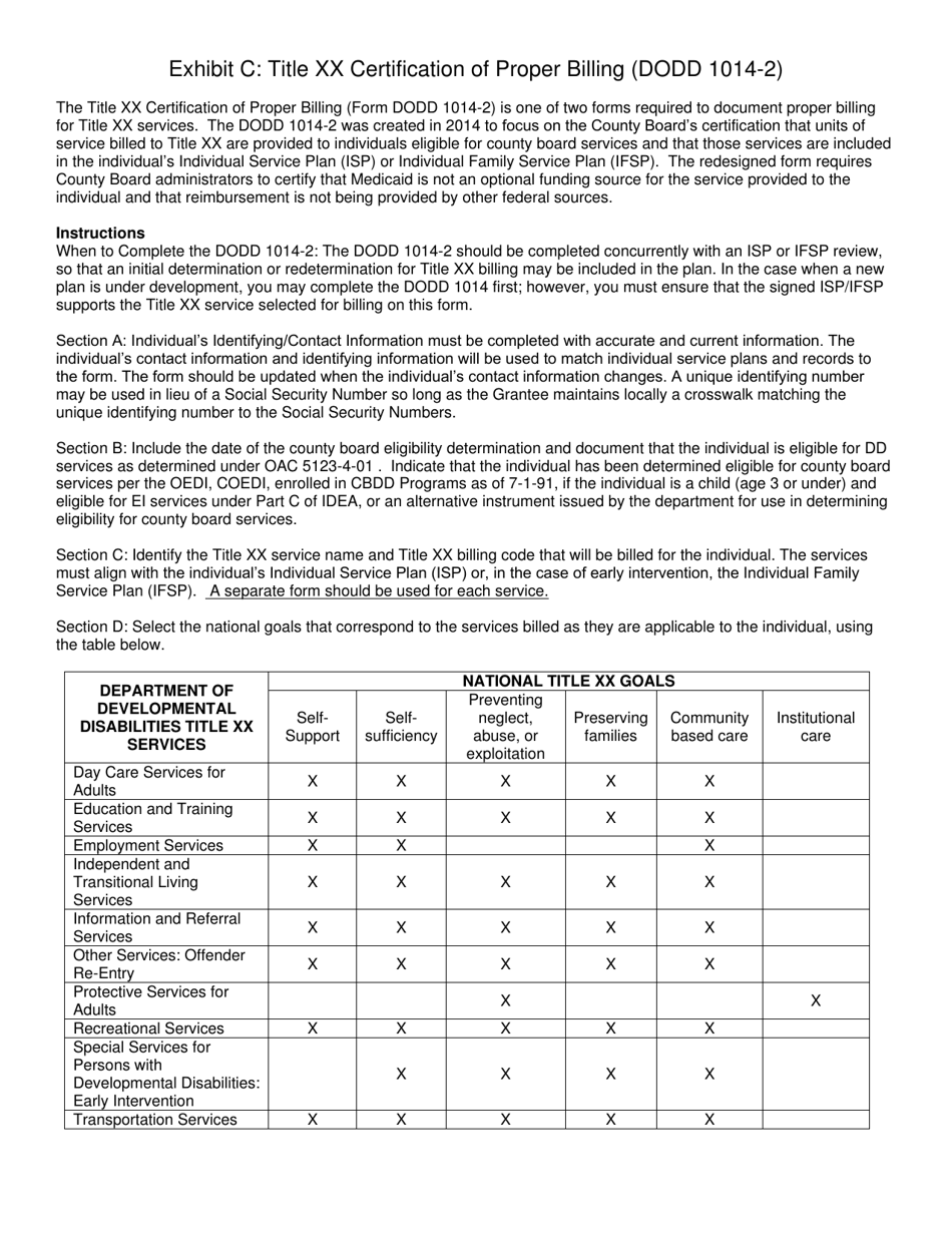Form DODD1014-2 Exhibit C Title Xx Certification of Proper Billing - Ohio, Page 1