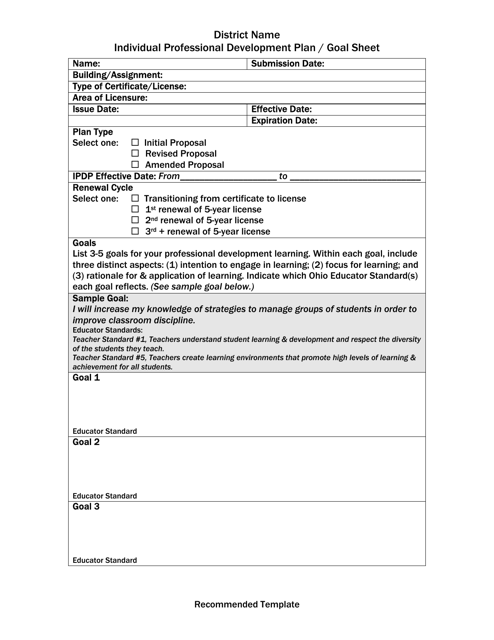 Ohio Individual Professional Development Plan/Goal Sheet Template ...