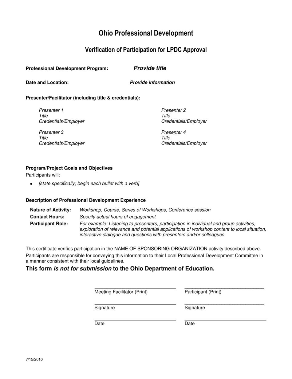 Ohio Verification of Participation for Lpdc Approval Fill Out, Sign