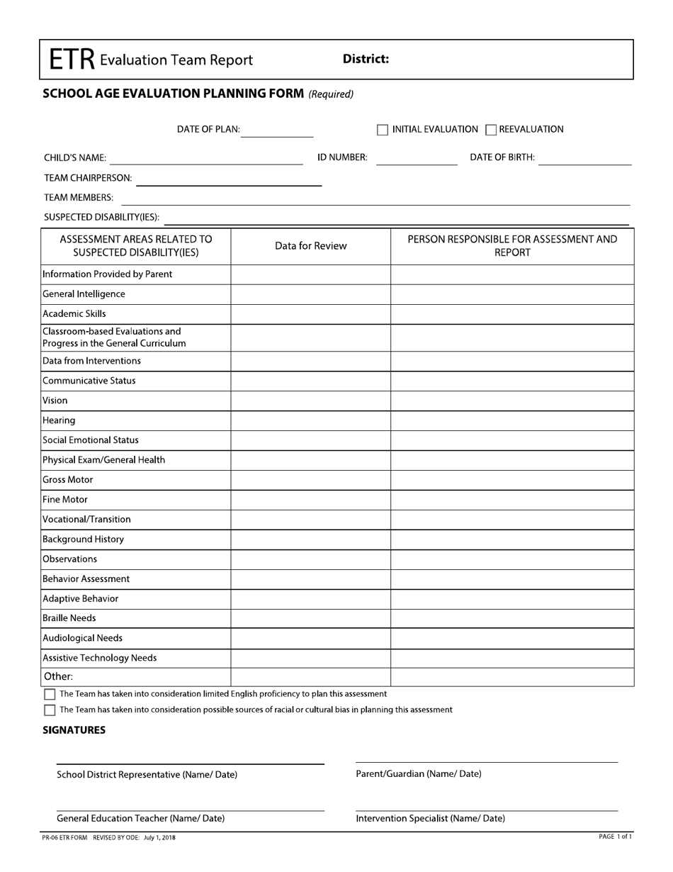 Form PR-06 Evaluation Team Report - School Age Evaluation Planning Form - Ohio, Page 1