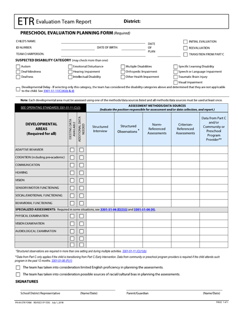 Form PR-06 Evaluation Team Report - Preschool Evaluation Planning Form - Ohio