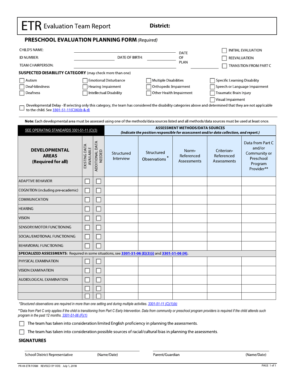 Form PR-06 Evaluation Team Report - Preschool Evaluation Planning Form - Ohio, Page 1