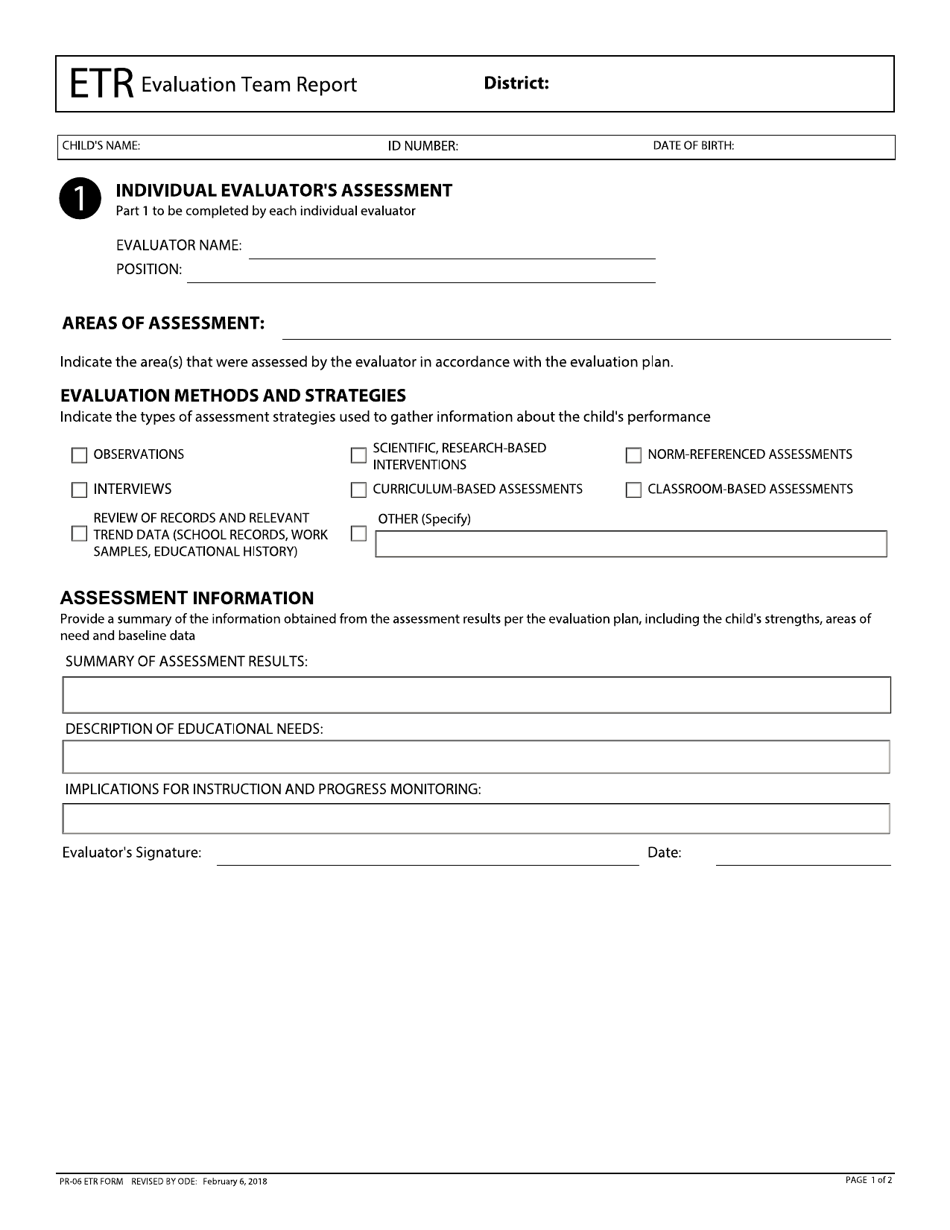 Form PR-06 Individual Evaluators Assessment - Evaluation Team Report - Ohio, Page 1