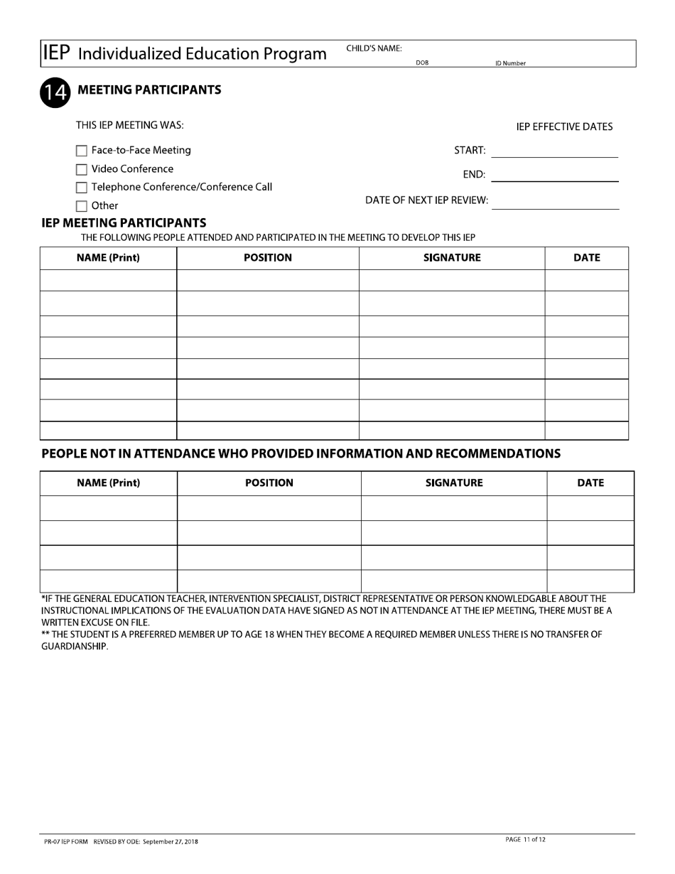 Form PR-07 Individualized Education Program - Ohio, Page 11