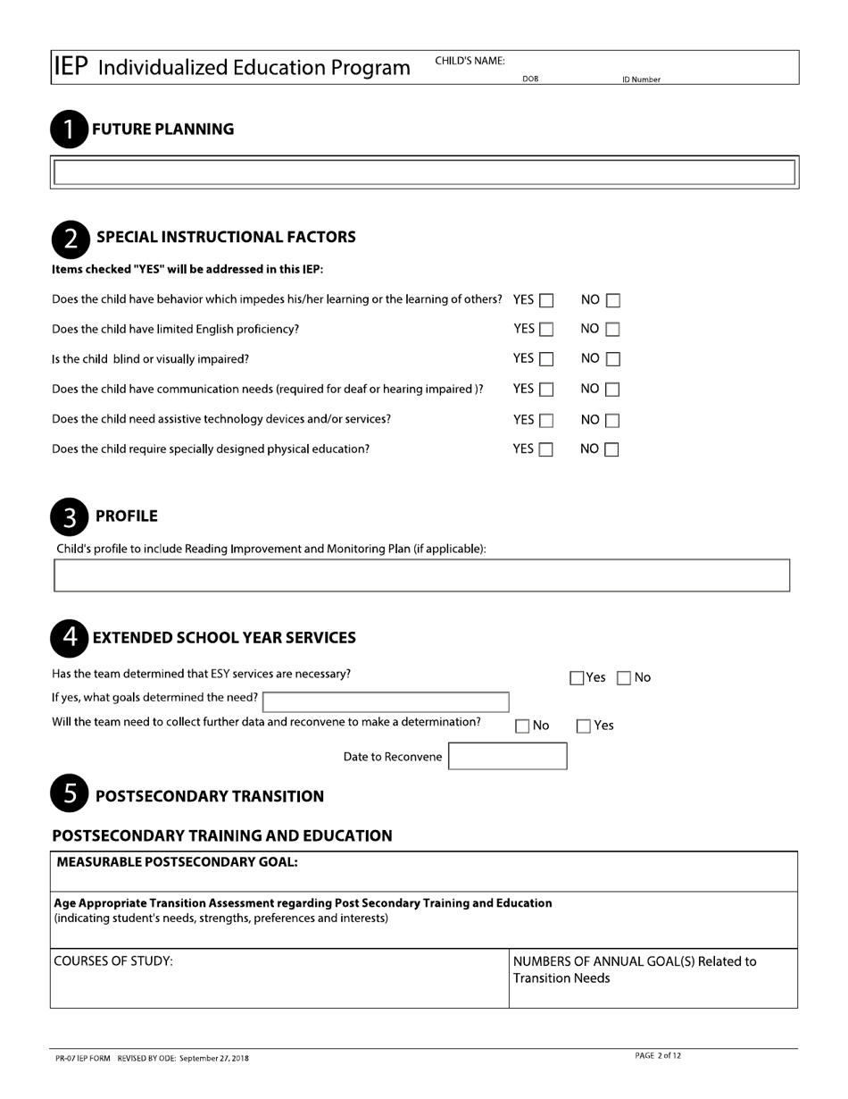 Form PR-07 Individualized Education Program - Ohio, Page 2