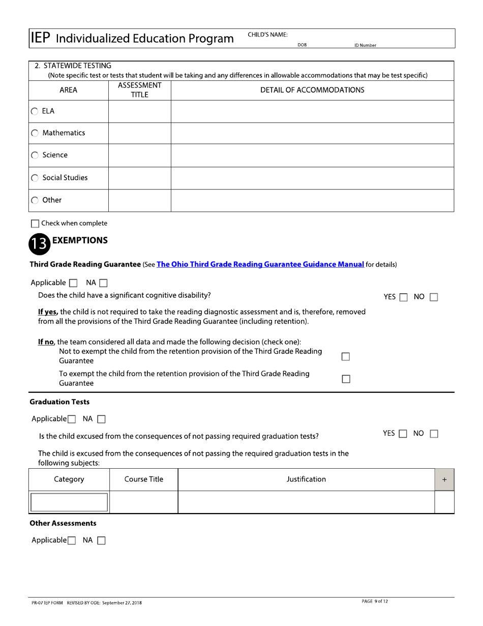 Form PR-07 Individualized Education Program - Ohio, Page 9