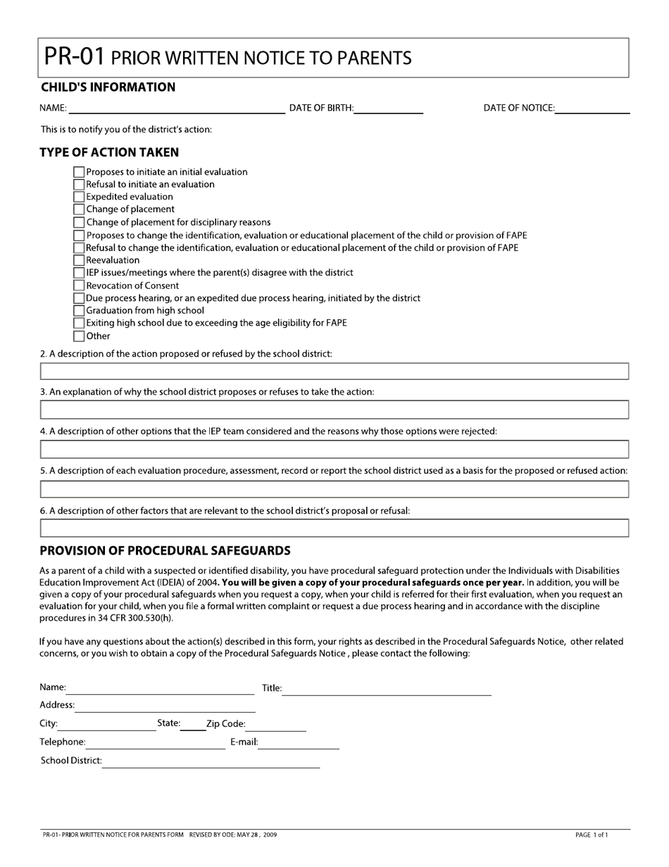 Form PR-01 Prior Written Notice to Parents - Ohio, Page 1