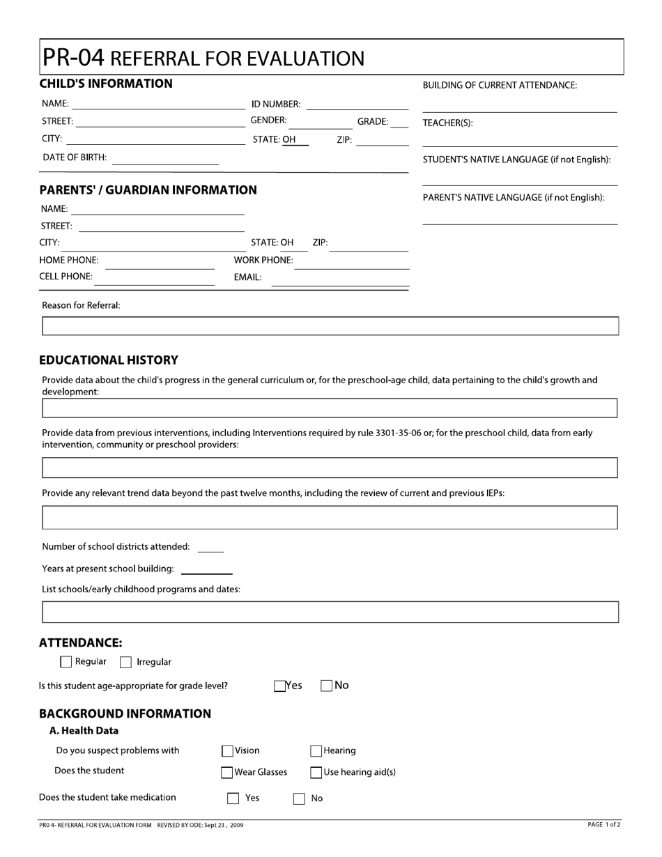 Form PR-04 Referral for Evaluation - Ohio, Page 1