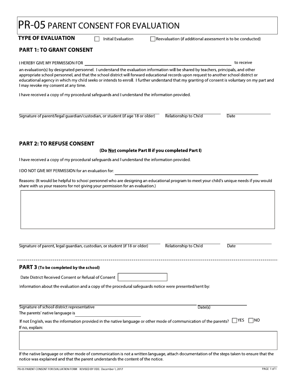 Form PR-05 Parent Consent for Evaluation - Ohio, Page 1