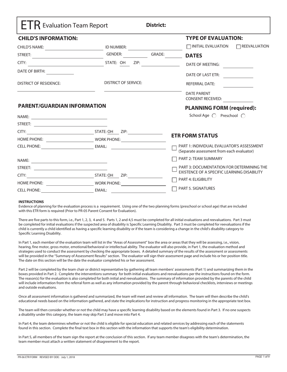 Form PR-06 ETR Evaluation Team Report - Ohio, Page 1