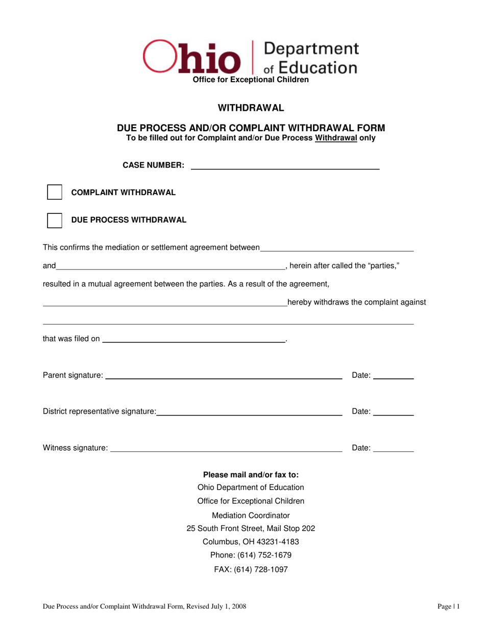 Due Process and / or Complaint Withdrawal Form - Ohio, Page 1