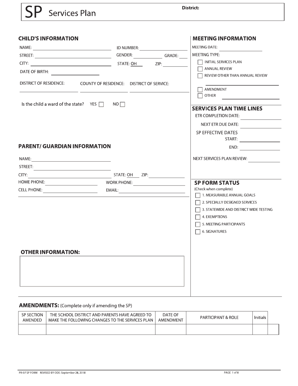 Form PR-07 Services Plan - Ohio, Page 1