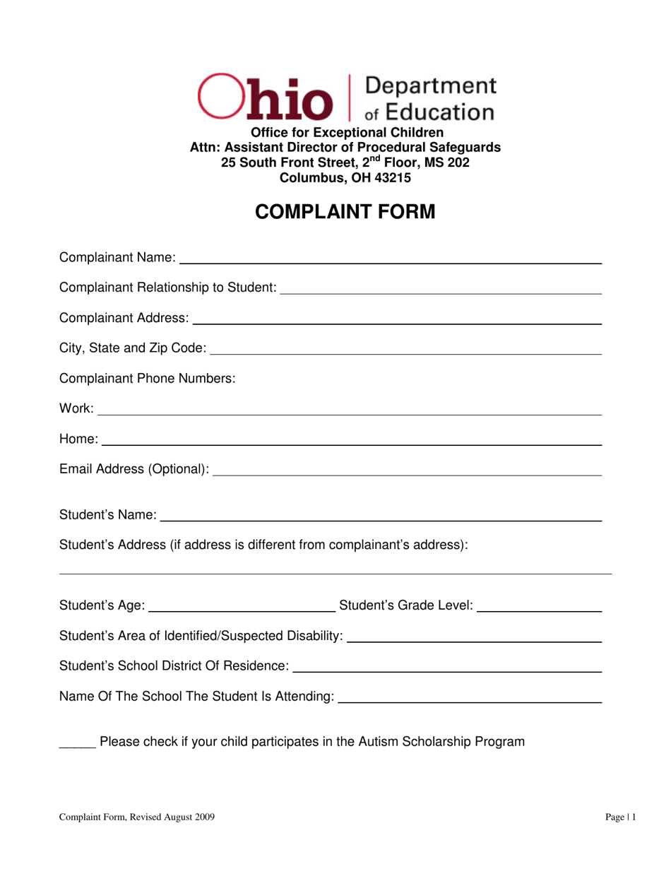 Ohio Complaint Form Fill Out, Sign Online and Download PDF