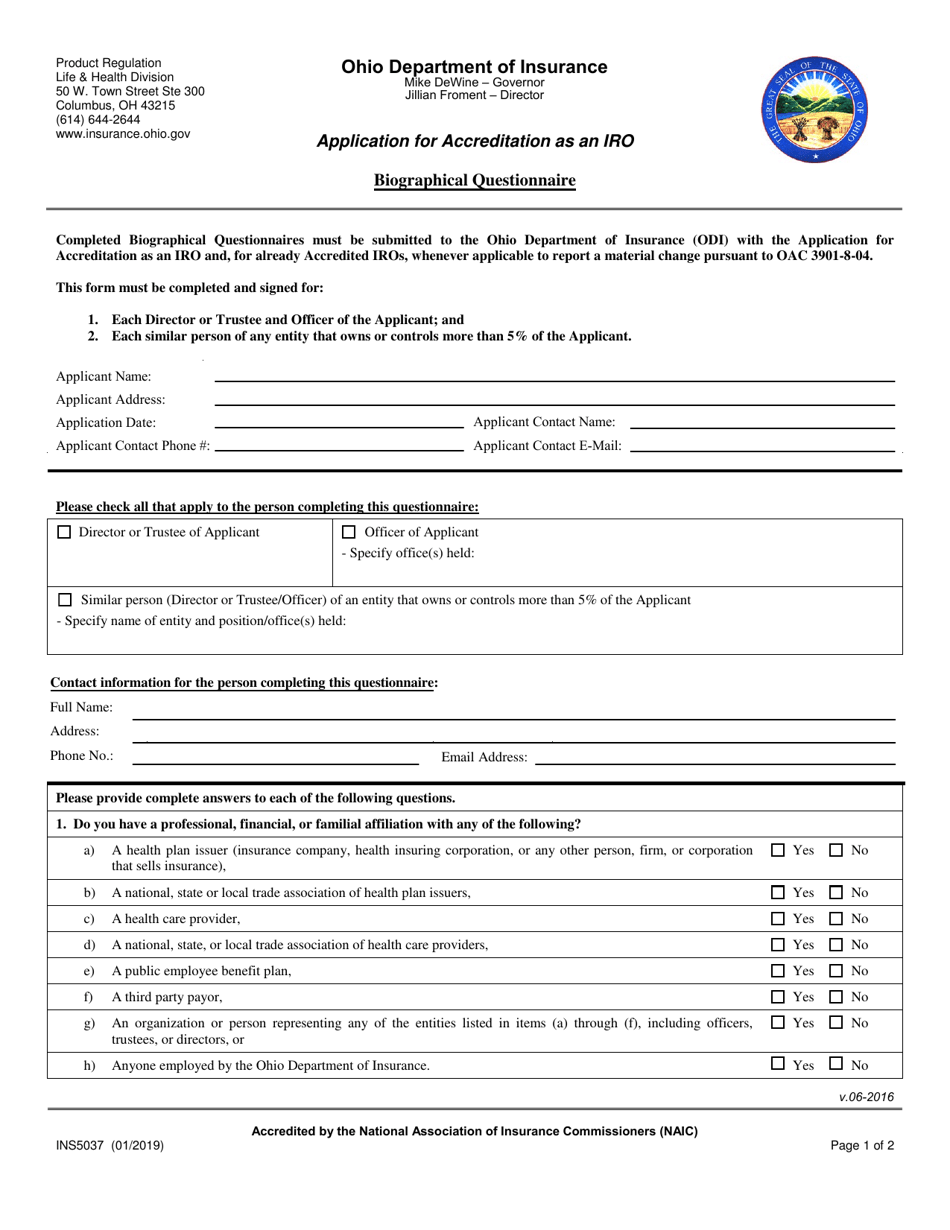 Form INS5037 Application for Accreditation as an Iro - Ohio, Page 1