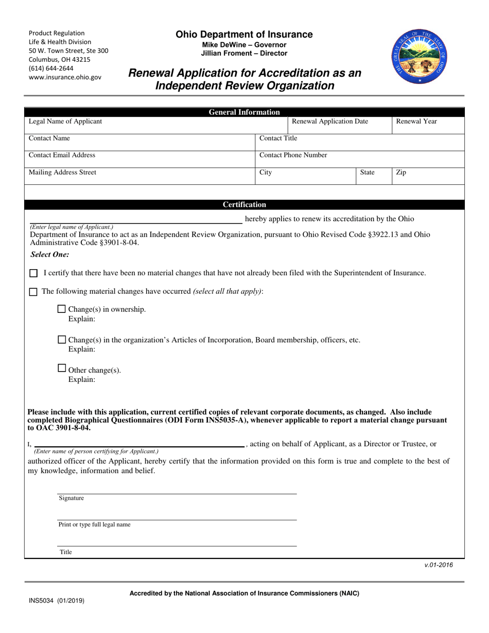 Form INS5034 Renewal Application for Accreditation as an Independent Review Organization - Ohio, Page 1
