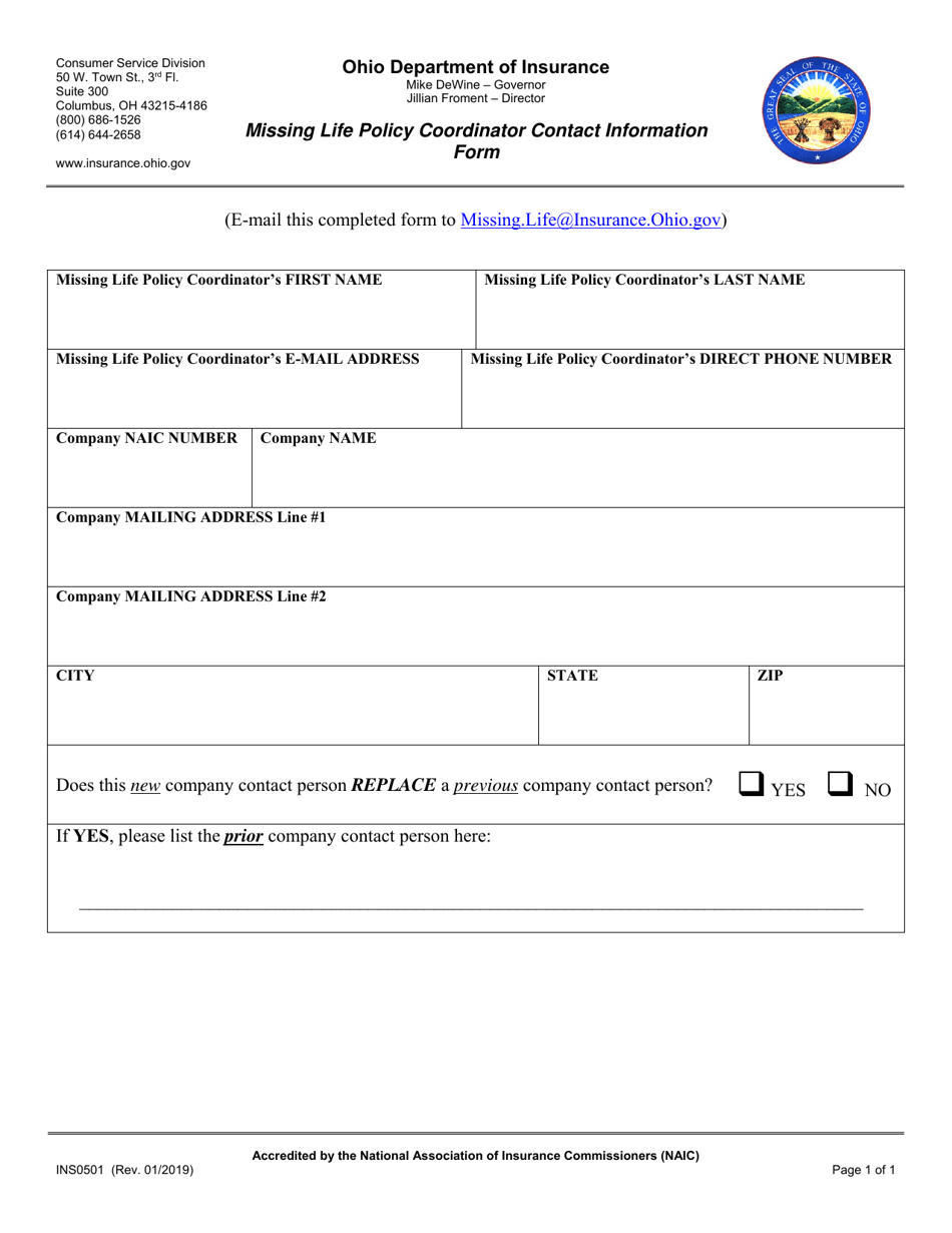 Form INS0501 Missing Life Policy Coordinator Contact Information Form - Ohio, Page 1