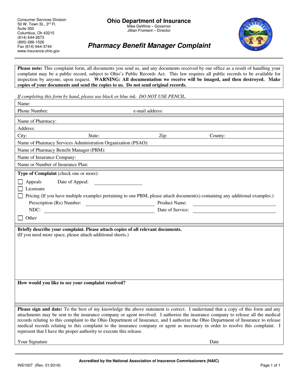 Form INS1007 Pharmacy Benefit Manager Complaint - Ohio, Page 1