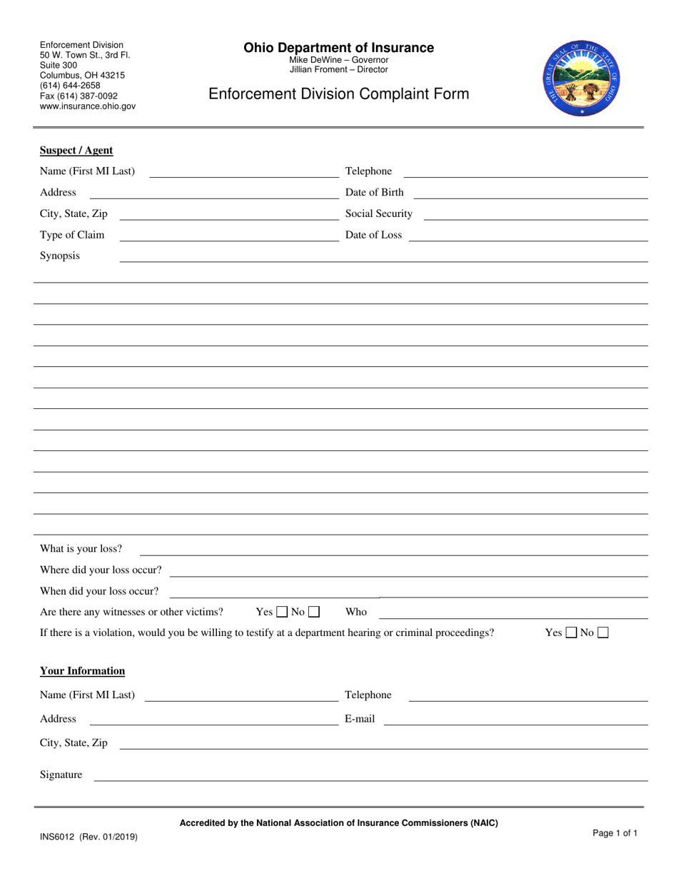 Form INS6012 Enforcement Division Complaint Form - Ohio, Page 1