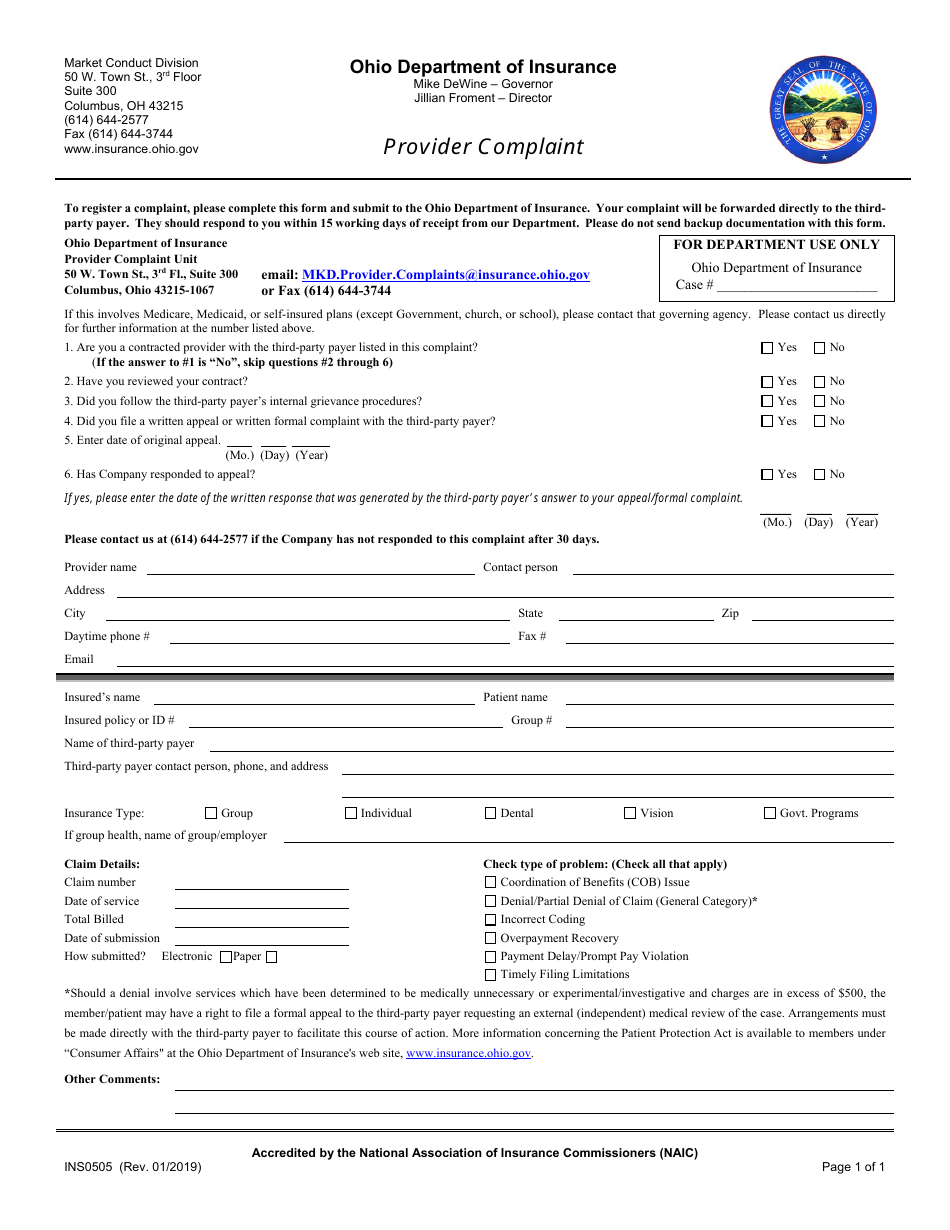 Form INS0505 Provider Complaint - Ohio, Page 1