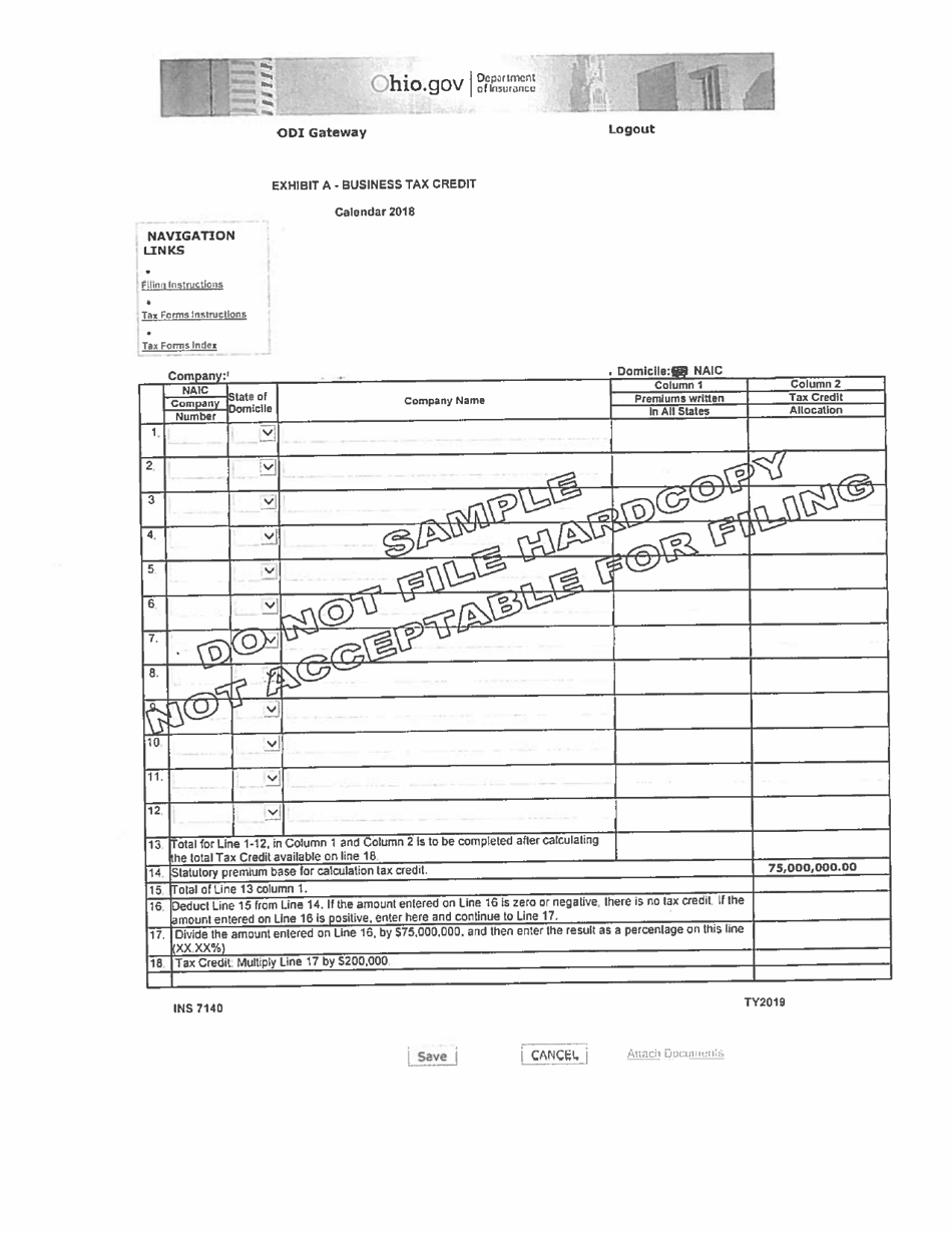 Sample Form INS7140 Exhibit A Business Tax Credit - Ohio, Page 1