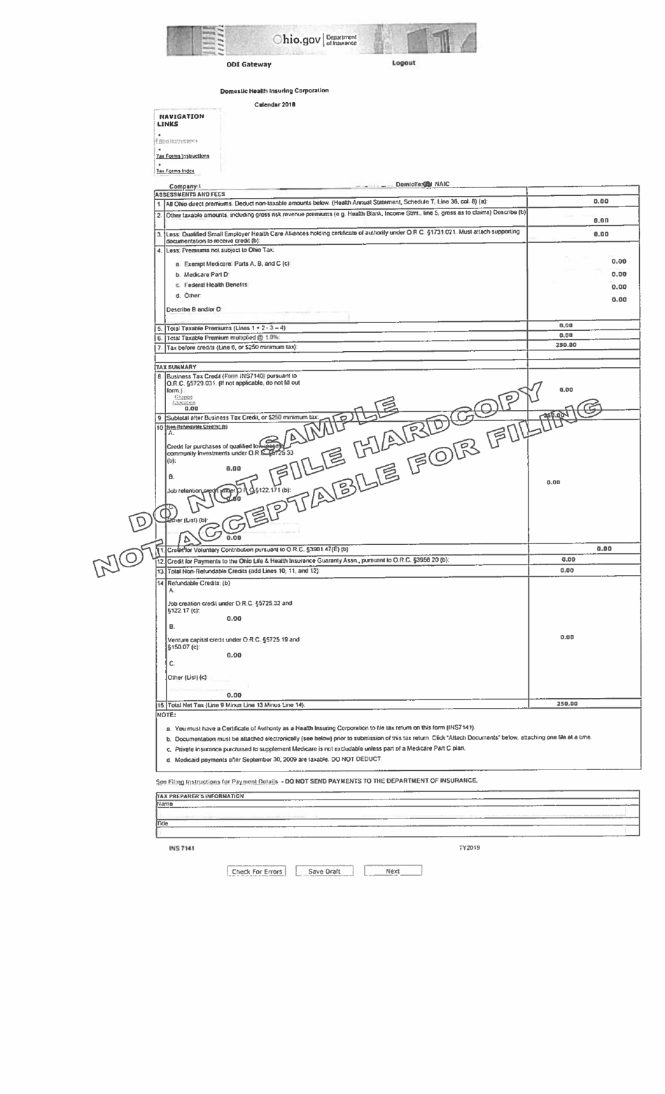 Sample Form INS7141 Domestic Health Insuring Corporation - Ohio, Page 1