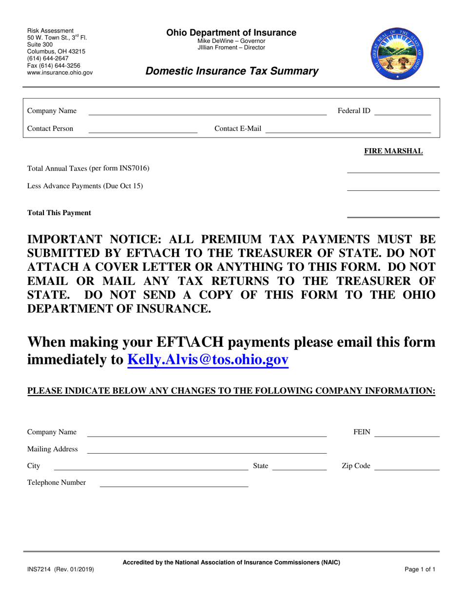 Form INS7214 Domestic Insurance Tax Summary - Ohio, Page 1
