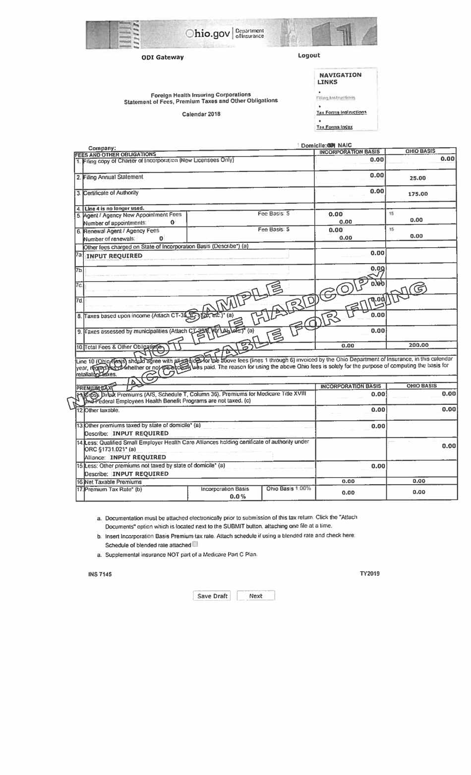 Sample Form INS7145 Foreign Health Insuring Corporations Statement of Fees, Premium Taxes and Other Obligations - Ohio, Page 1