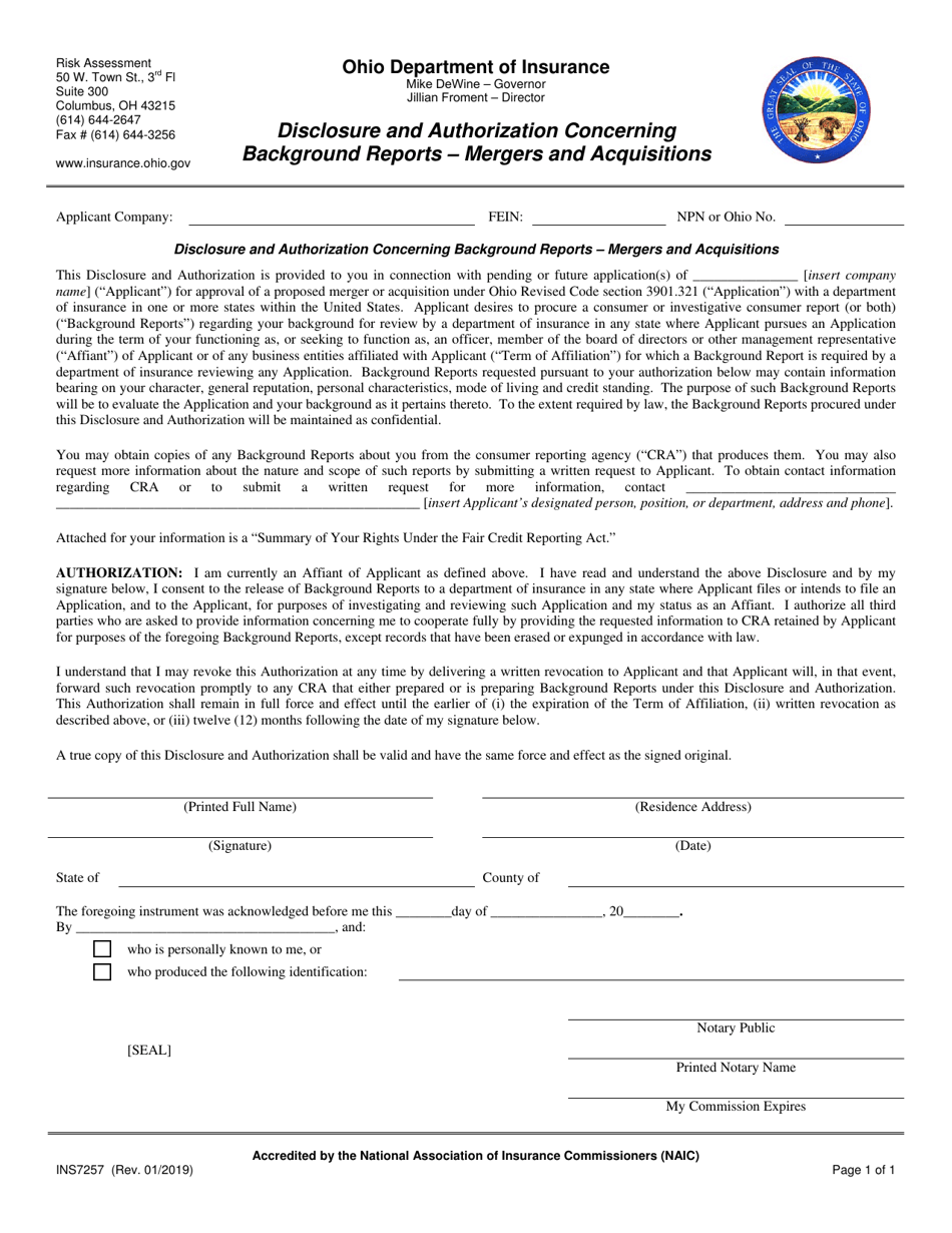 Form INS7257 Disclosure and Authorization Concerning Background Reports - Mergers and Acquisitions - Ohio, Page 1