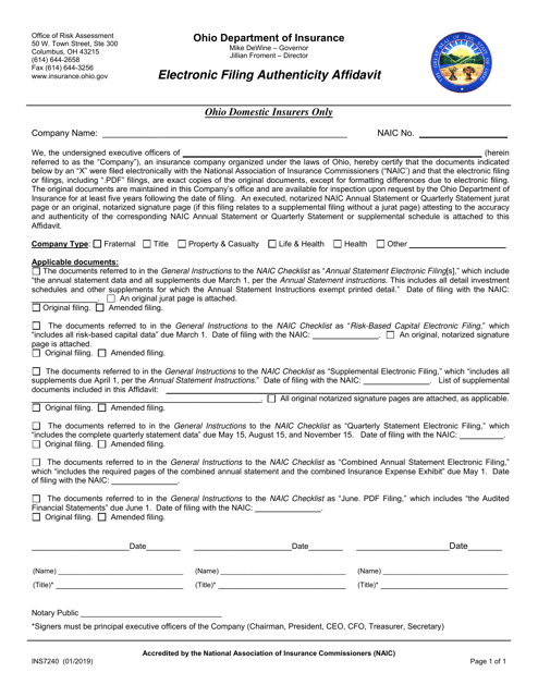Form INS7240 Electronic Filing Authenticity Affidavit - Ohio