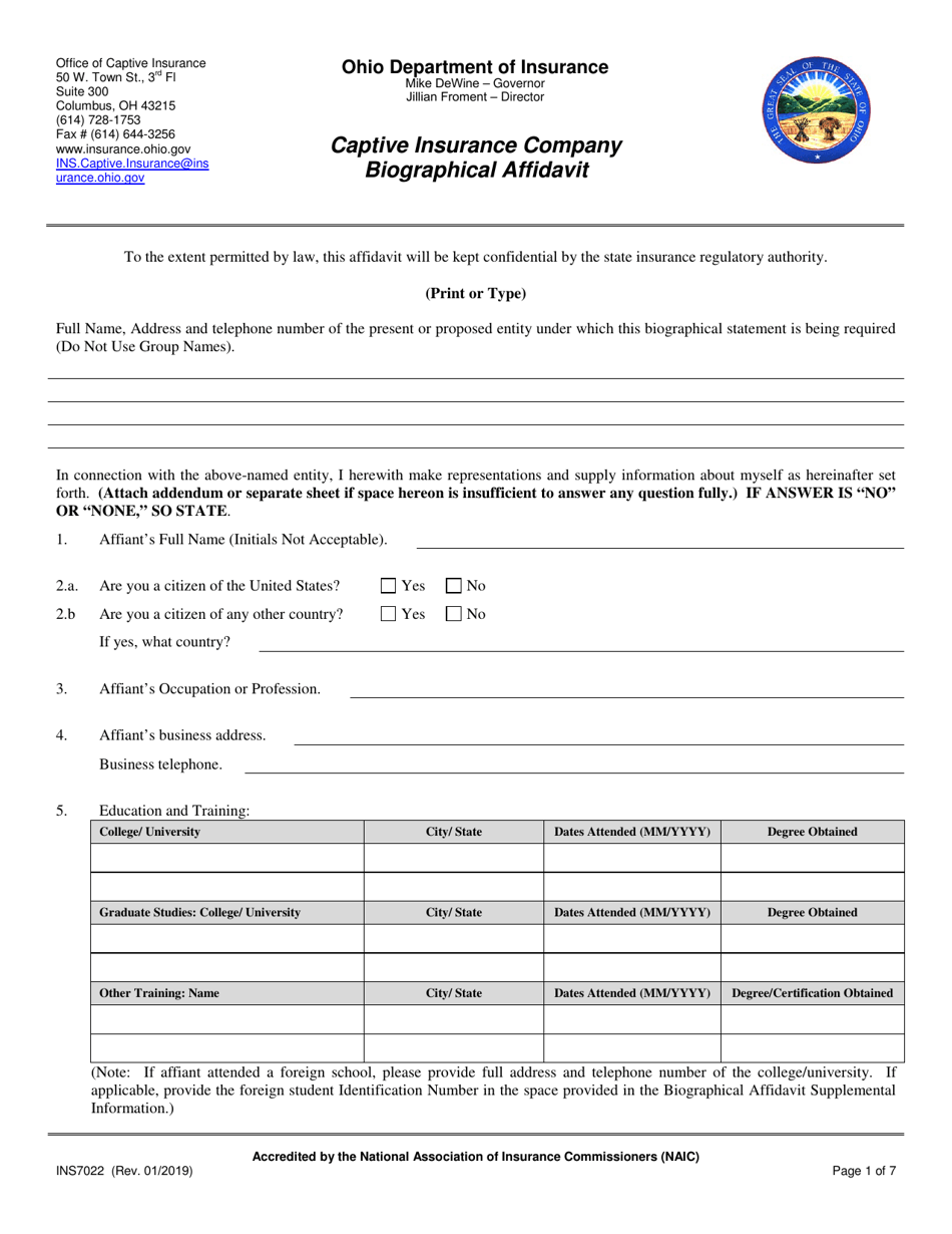 Form INS7022 Download Fillable PDF or Fill Online Captive