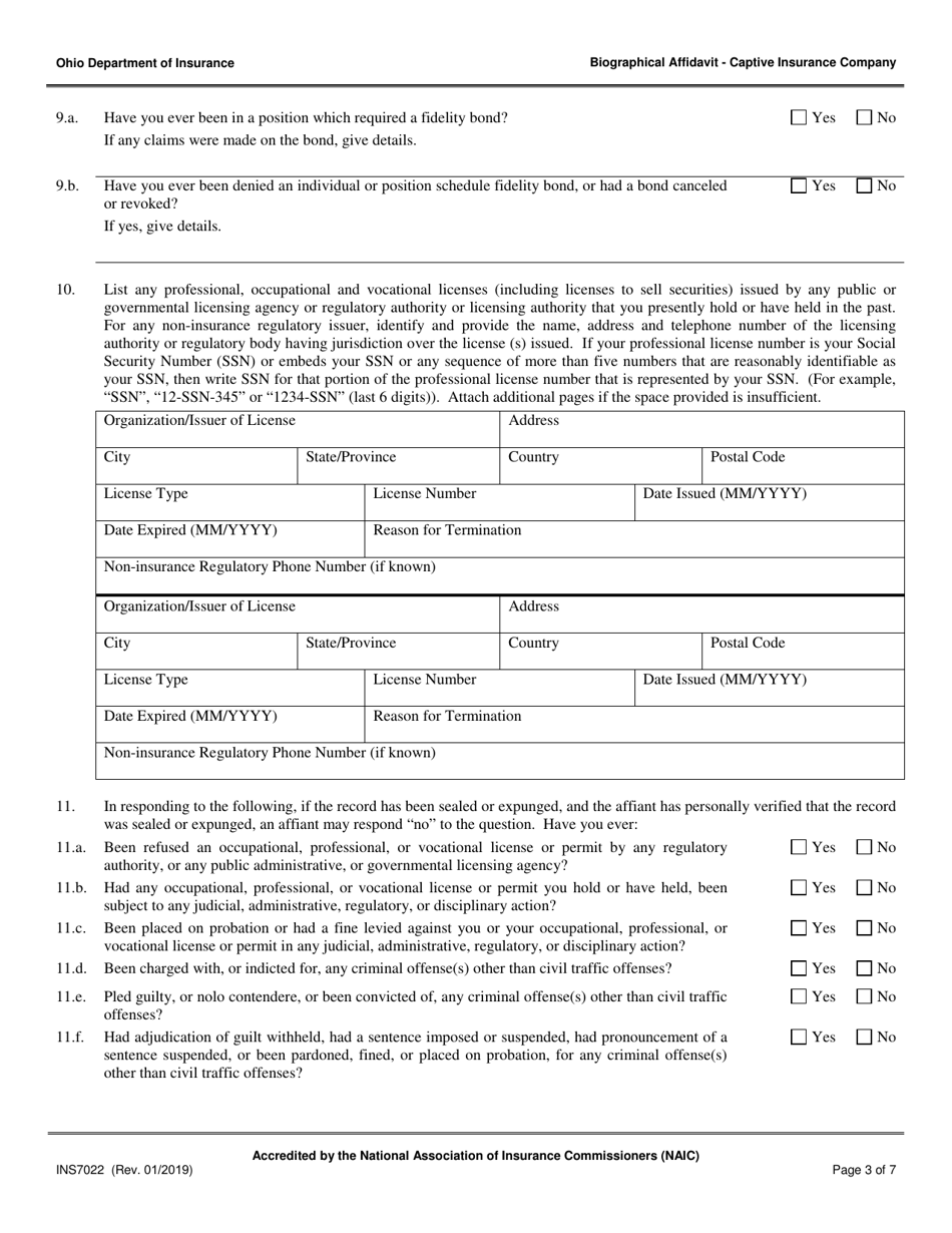 Form INS7022 Captive Insurance Company Biographical Affidavit - Ohio, Page 3