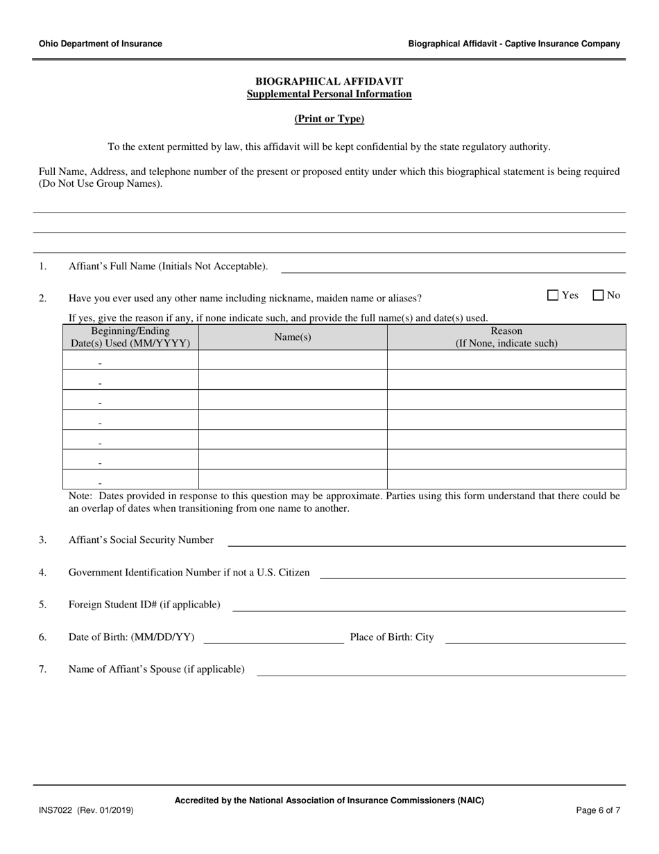 Form INS7022 Captive Insurance Company Biographical Affidavit - Ohio, Page 6