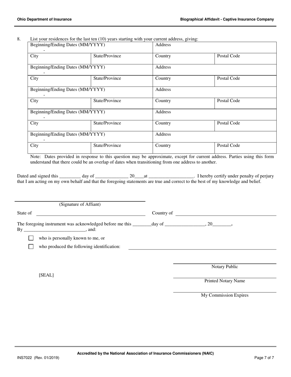 Form INS7022 Captive Insurance Company Biographical Affidavit - Ohio, Page 7