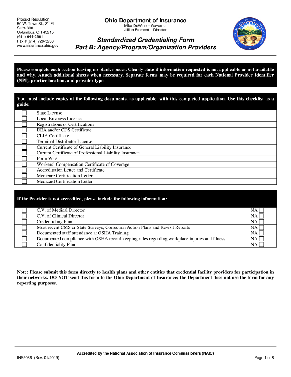Form INS5036 Standardized Credentialing Form - Part B: Agency / Program / Organization Providers - Ohio, Page 1
