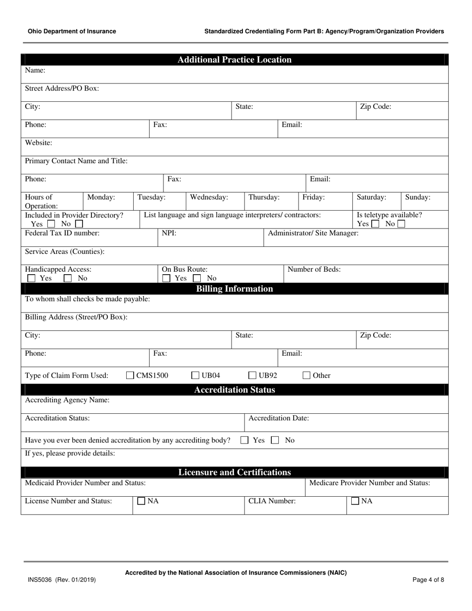 Form INS5036 Standardized Credentialing Form - Part B: Agency / Program / Organization Providers - Ohio, Page 4