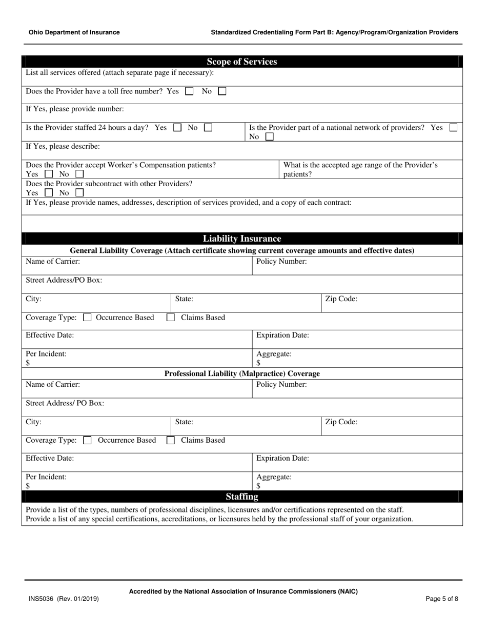 Form INS5036 Standardized Credentialing Form - Part B: Agency / Program / Organization Providers - Ohio, Page 5