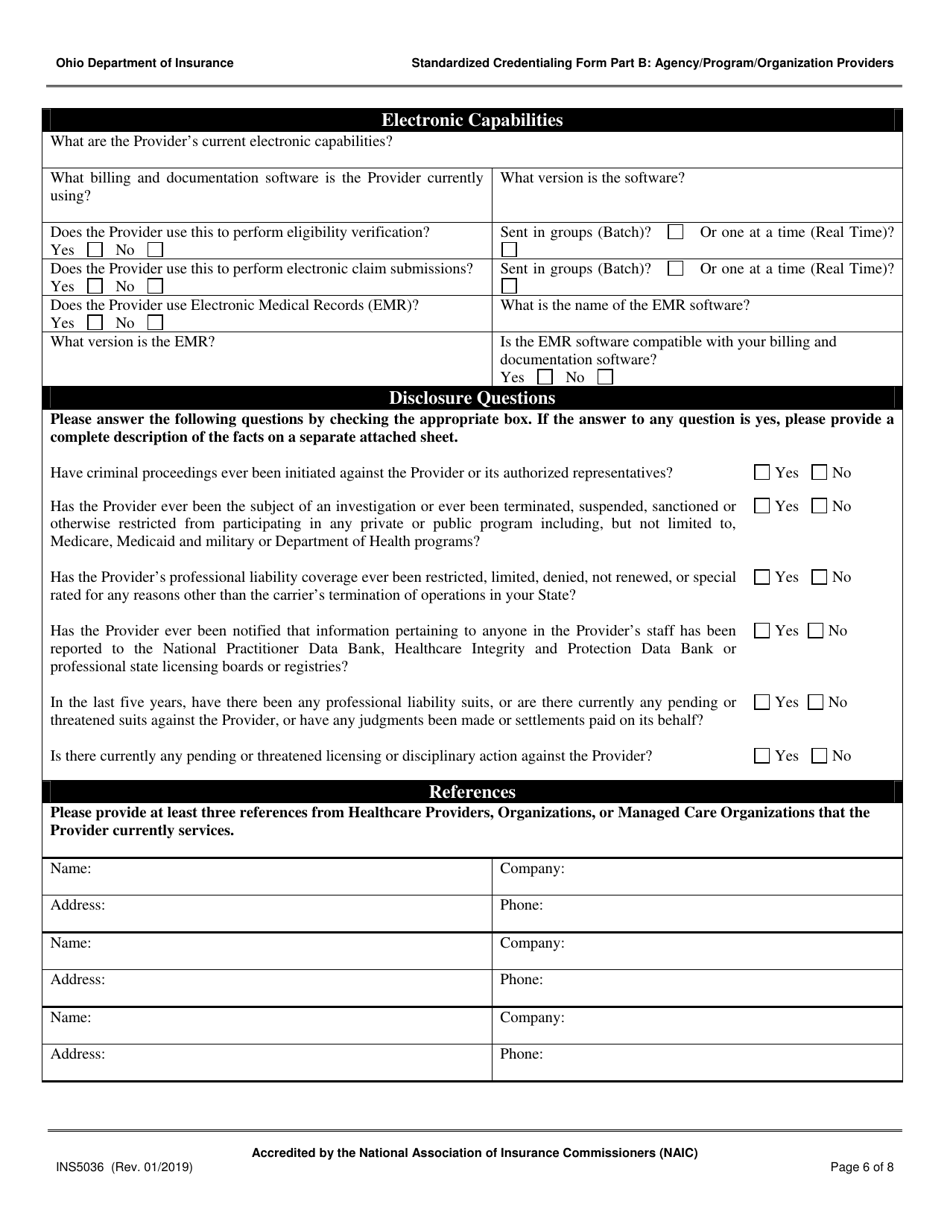 Form INS5036 Standardized Credentialing Form - Part B: Agency / Program / Organization Providers - Ohio, Page 6