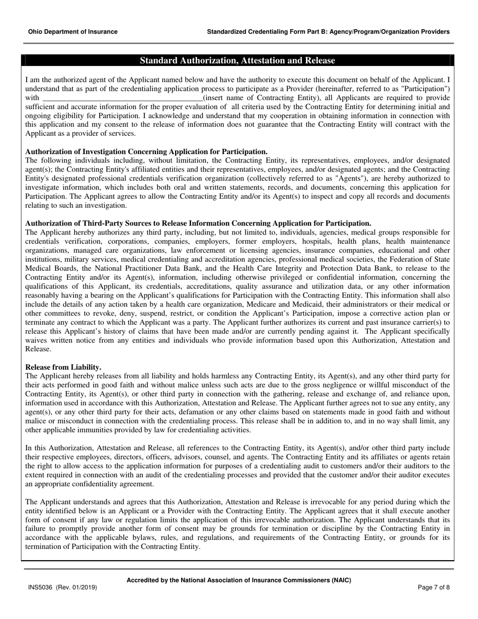 Form INS5036 Standardized Credentialing Form - Part B: Agency / Program / Organization Providers - Ohio, Page 7