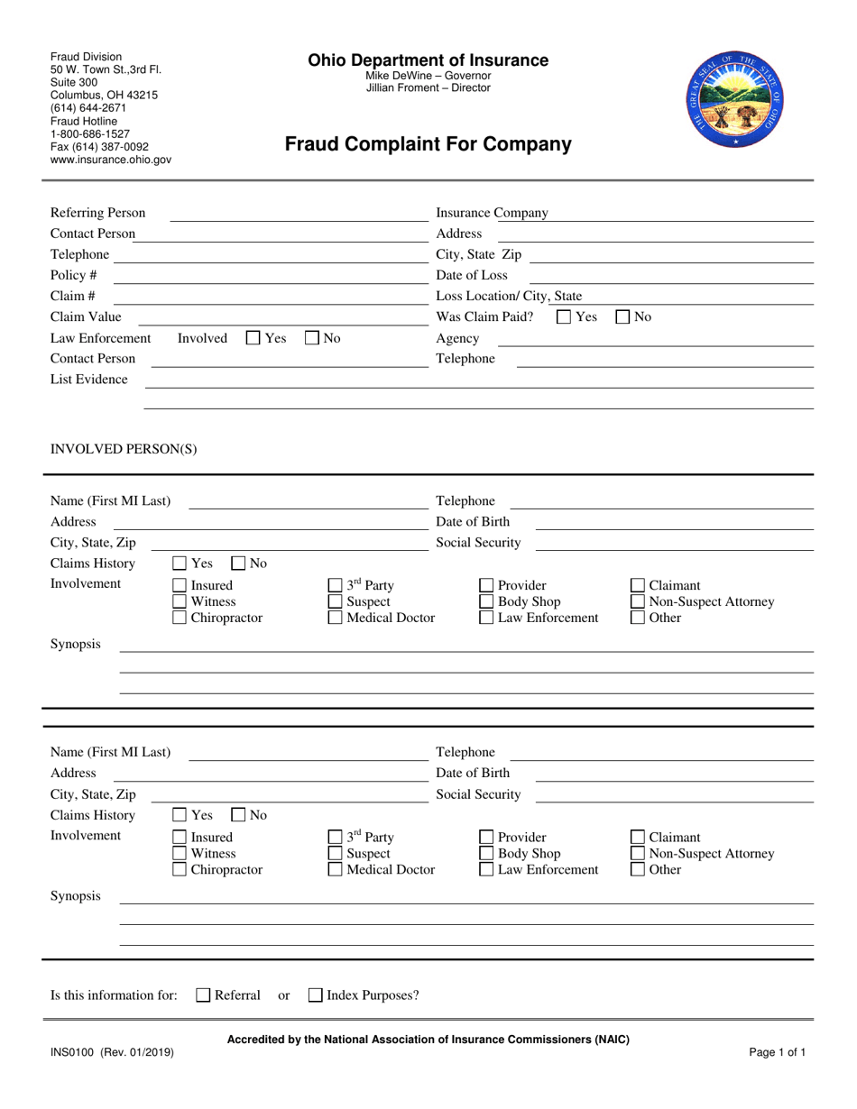 Form INS0100 Fraud Complaint for Company - Ohio, Page 1