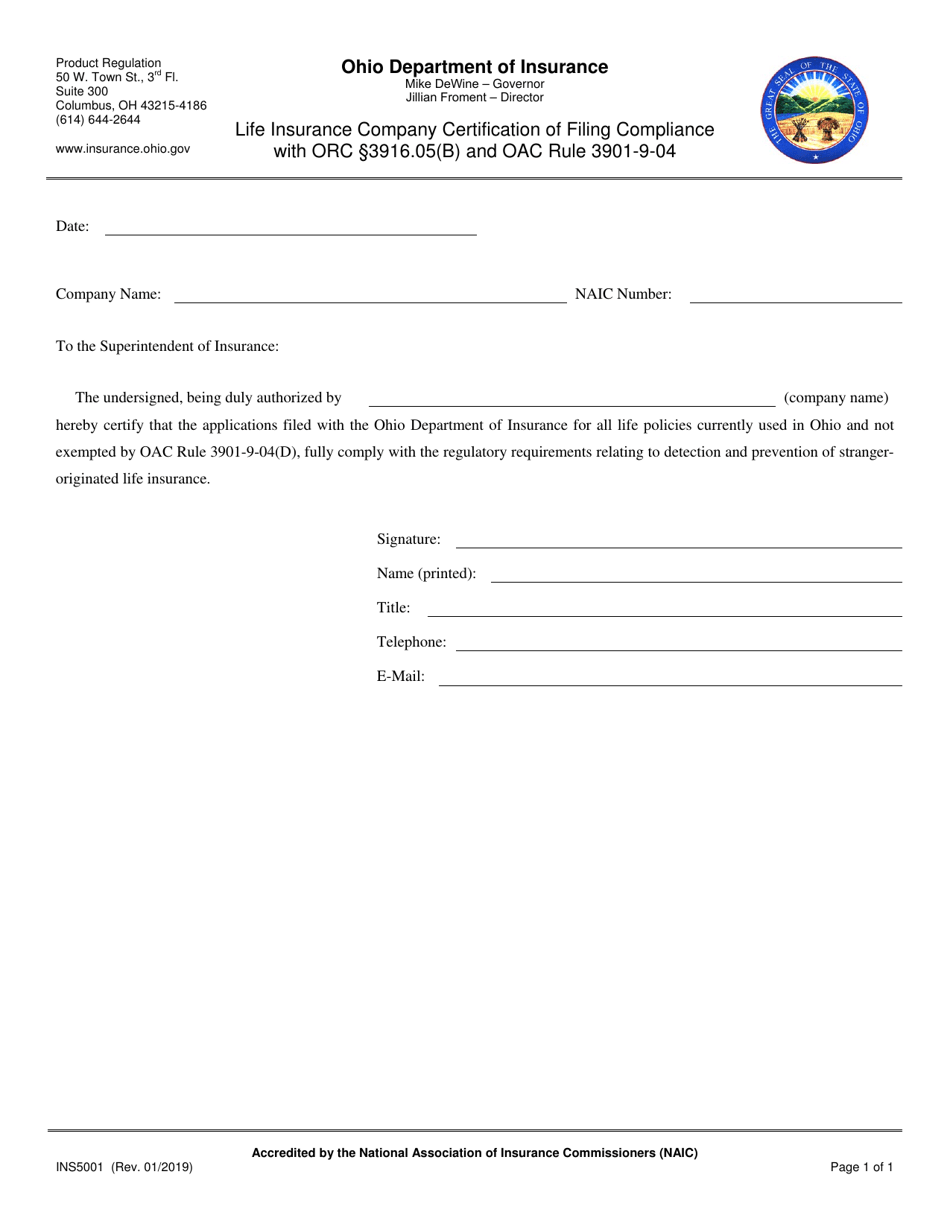 Form INS5001 Life Insurance Company Certification of Filing Compliance With Orc 3916.05(B) and Oac Rule 3901-9-04 - Ohio, Page 1