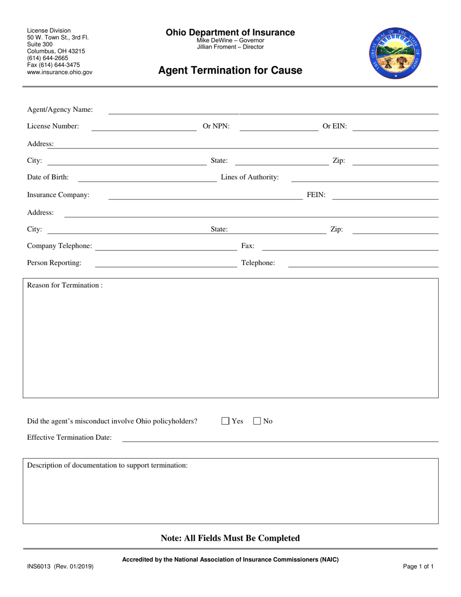 Form INS6013 Agent Termination for Cause - Ohio, Page 1