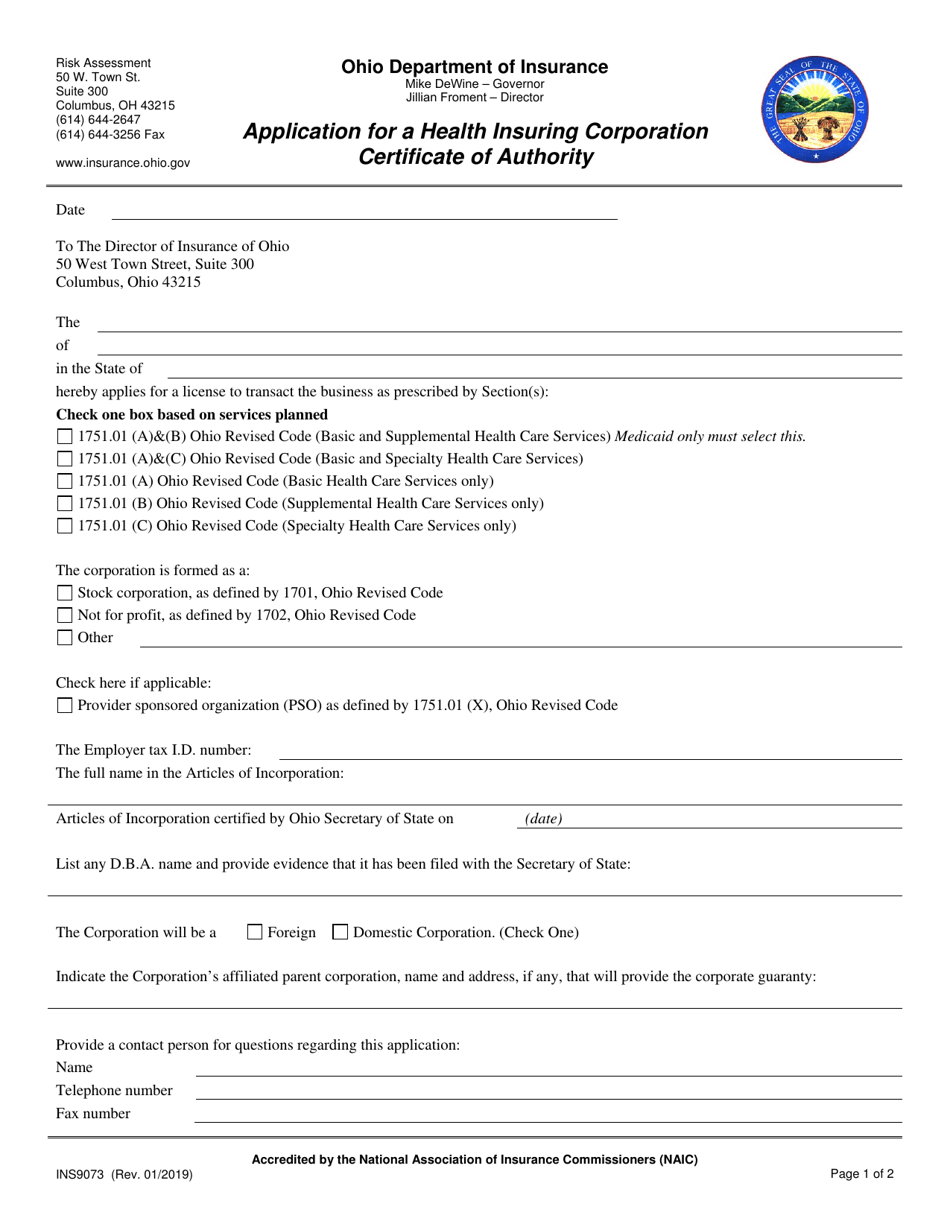 Form INS9073 Application for a Health Insuring Corporation Certificate of Authority - Ohio, Page 1