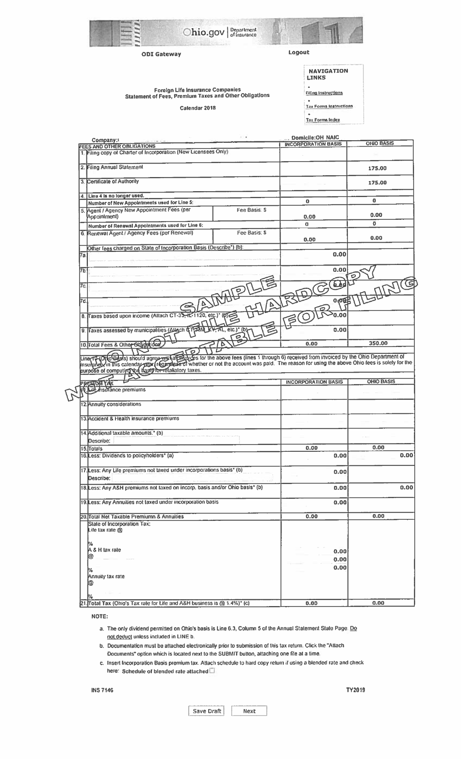 Sample Form INS7146 Foreign Life Insurance Companies Statement of Fees, Premium Taxes and Other Obligations - Ohio, Page 1