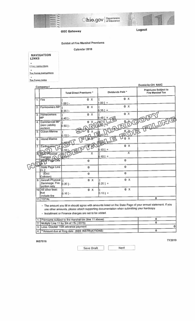 Sample Form INS7016 Exhibit of Fire Marshal Premiums - Ohio, 2018