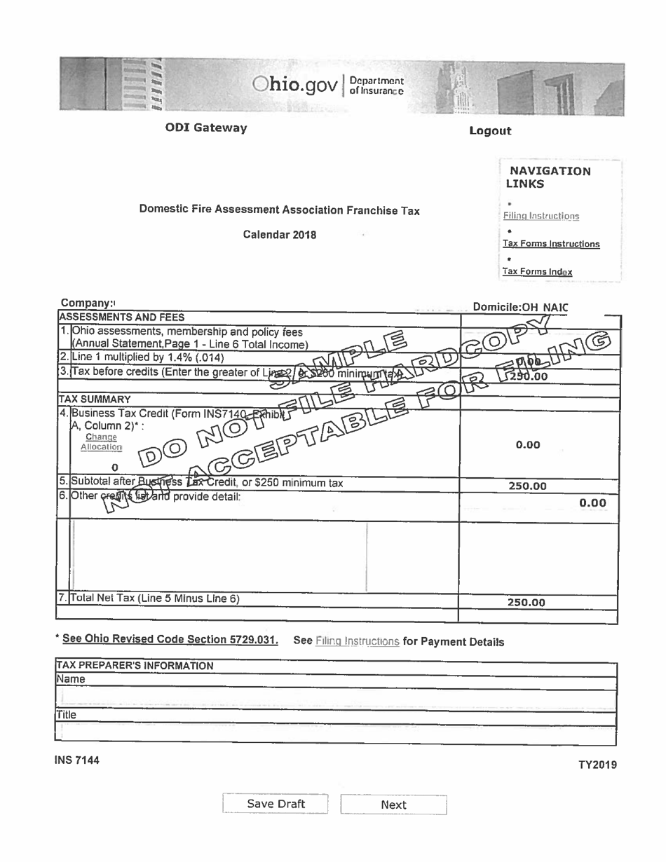 Sample Form INS7144 Domestic Fire Assessment Association Franchise Tax - Ohio, Page 1