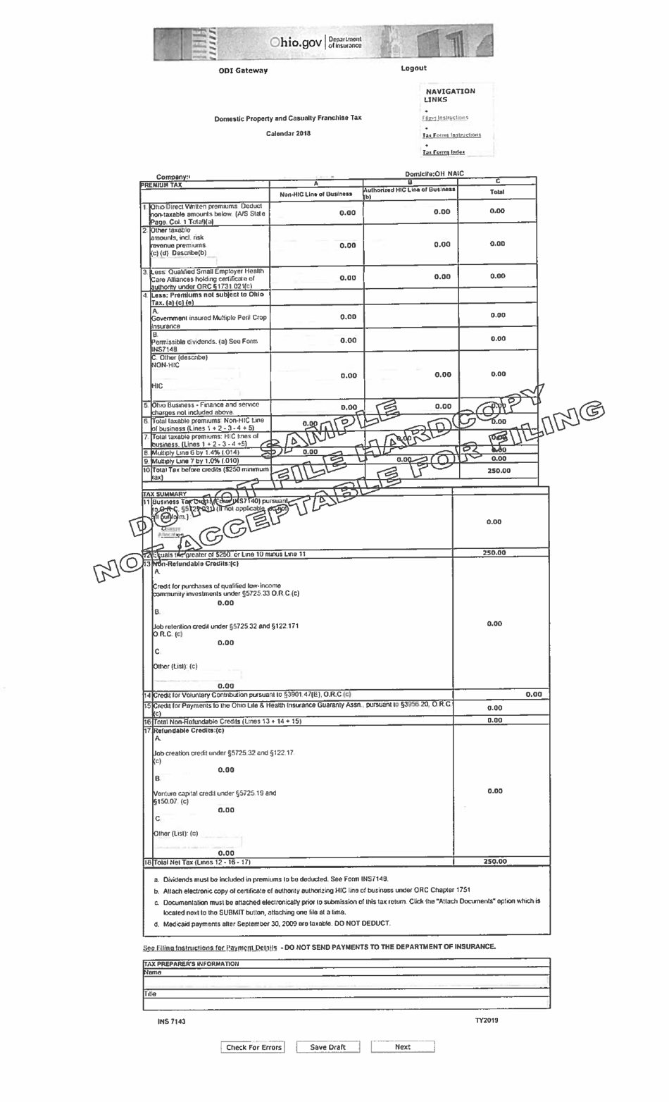 Sample Form INS7143 Domestic Property and Casualty Franchise Tax - Ohio, Page 1