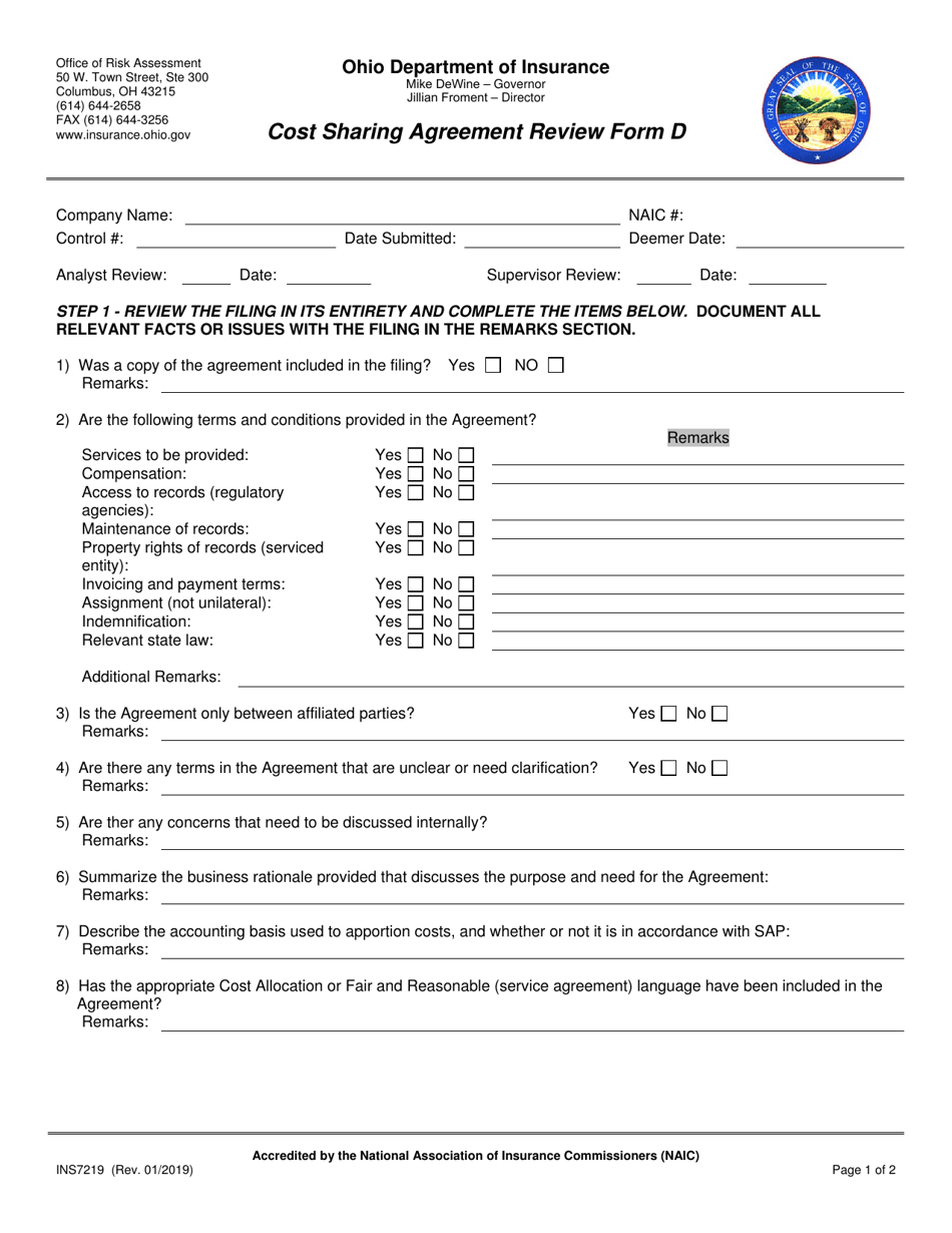 Form INS7219 (D) Cost Sharing Agreement Review - Ohio, Page 1